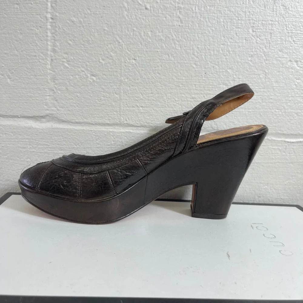 Frye Dark Brown Leather Platform Slingback Heels Sandals Women's Size 9.5B